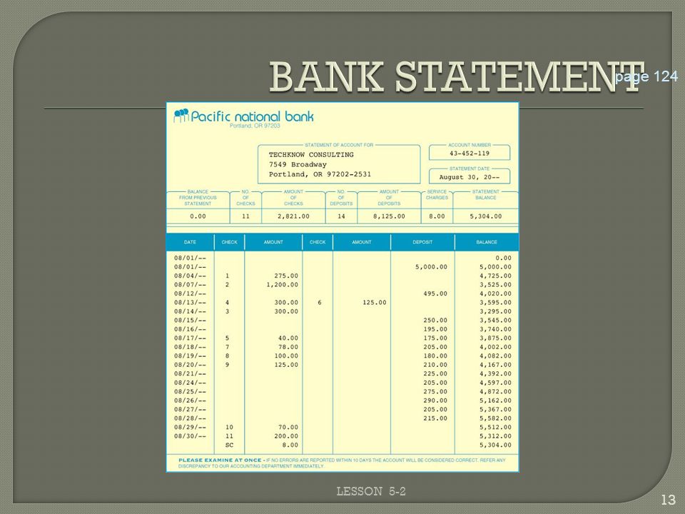 BANK STATEMENT page 124 LESSON 5-2