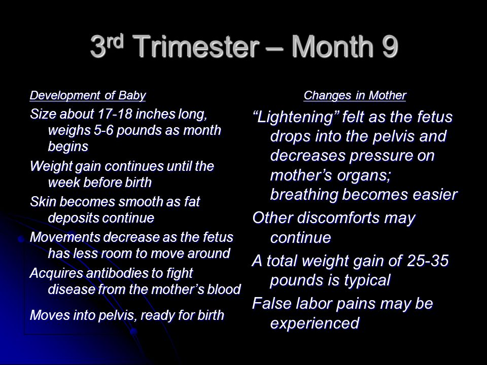 3rd Trimester – Month 9 Development of Baby. Size about inches long, weighs 5-6 pounds as month begins.