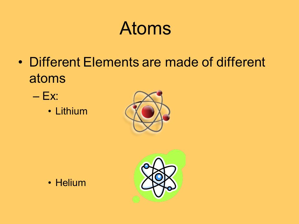 Atoms Different Elements are made of different atoms Ex: Lithium