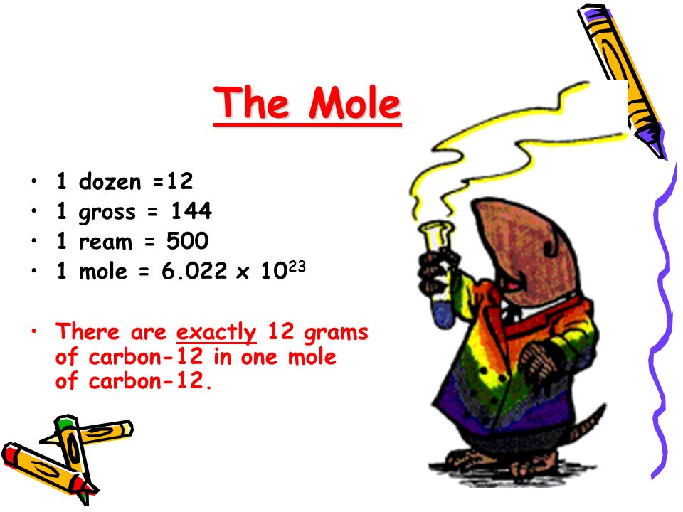 The Mole 1 dozen =12 1 gross = ream = mole = x 1023