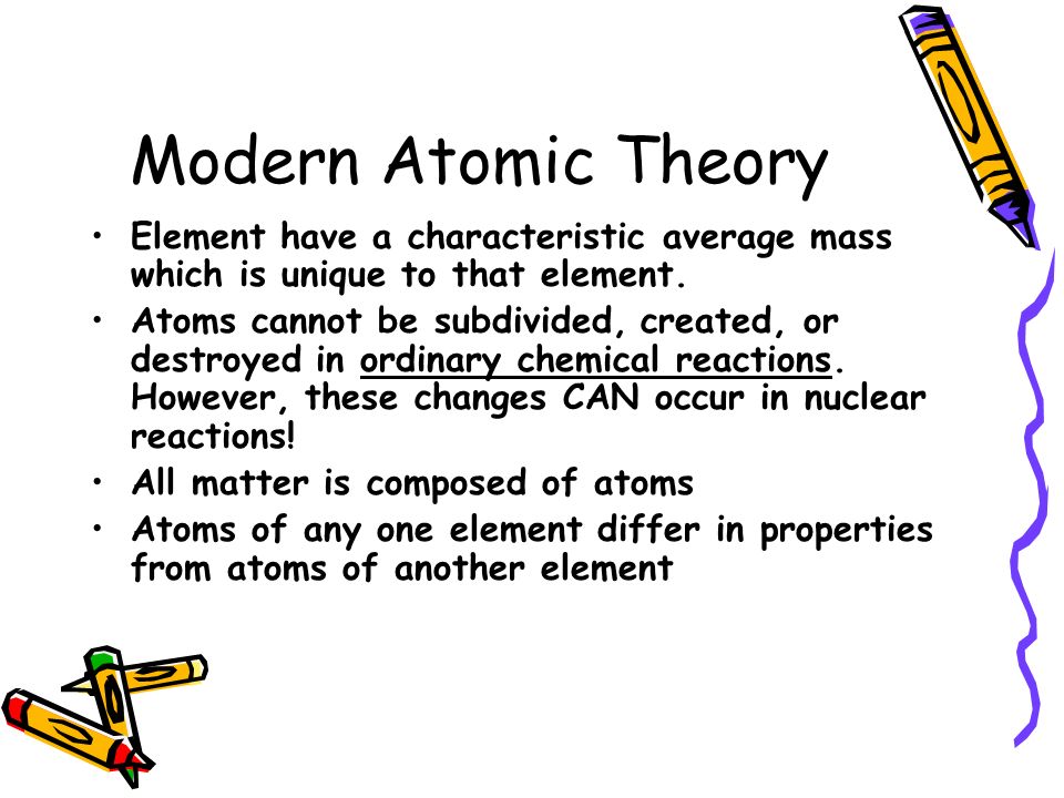 Modern Atomic Theory Element have a characteristic average mass which is unique to that element.