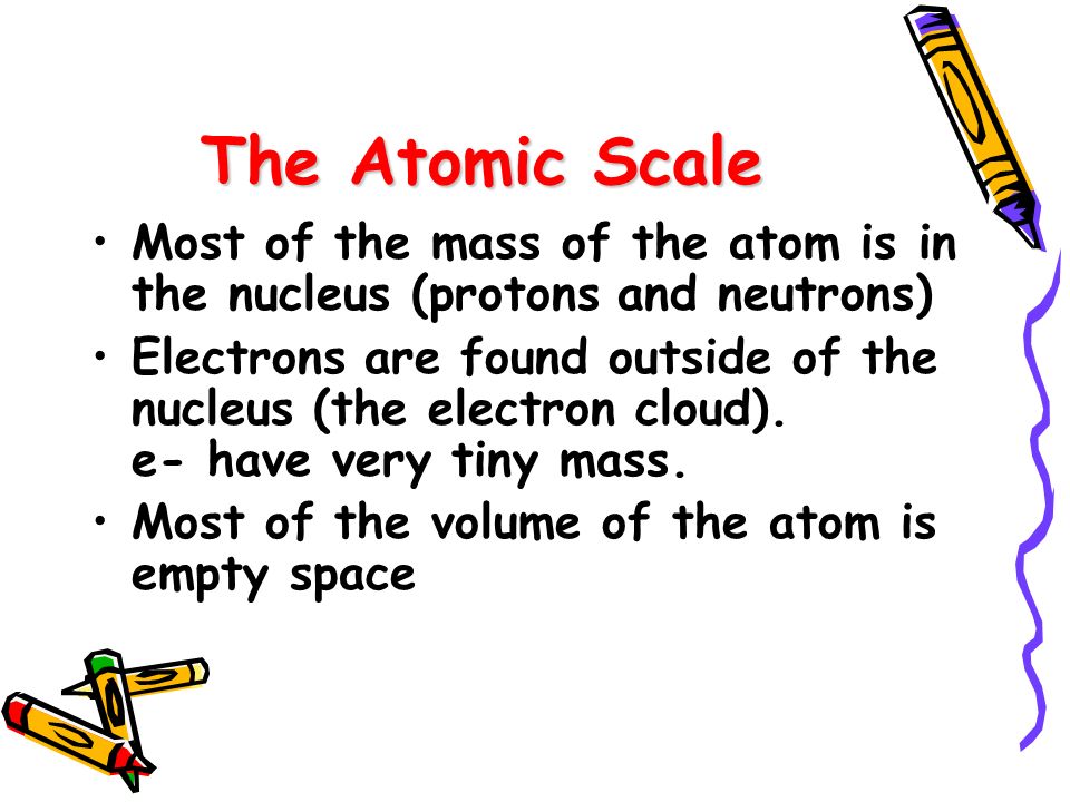 The Atomic Scale Most of the mass of the atom is in the nucleus (protons and neutrons)