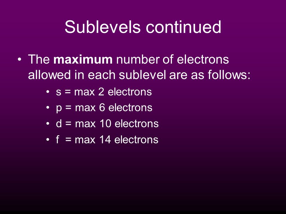 Sublevels continued The maximum number of electrons allowed in each sublevel are as follows: s = max 2 electrons.