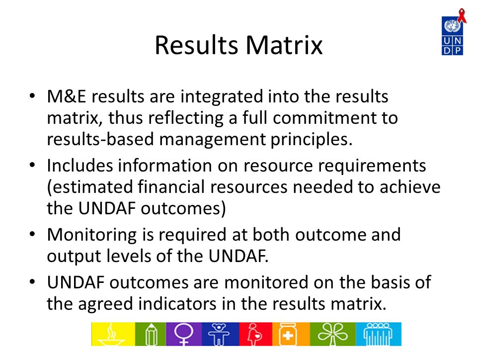 Results Matrix M&E results are integrated into the results matrix, thus reflecting a full commitment to results-based management principles.