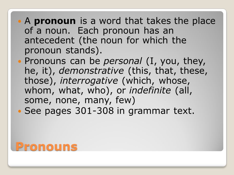 A pronoun is a word that takes the place of a noun