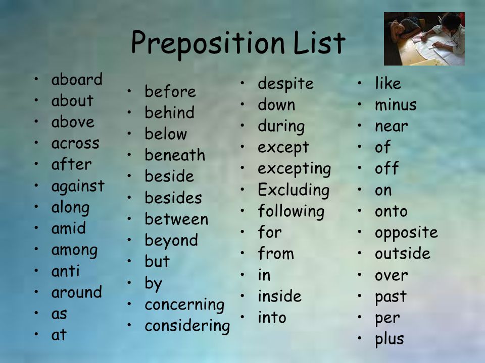 Preposition List aboard about above across after against along amid