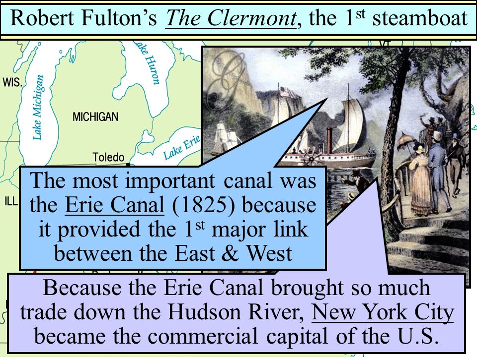 Major Canals by 1840 Robert Fulton’s The Clermont, the 1st steamboat