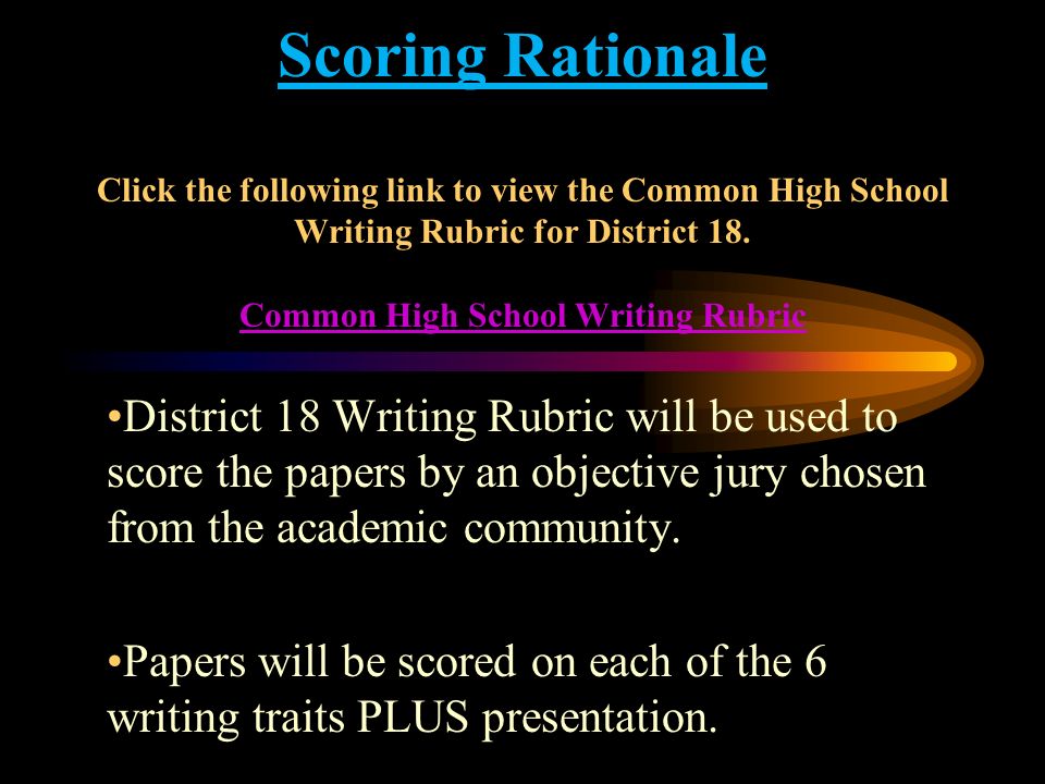 Scoring Rationale Click the following link to view the Common High School Writing Rubric for District 18. Common High School Writing Rubric