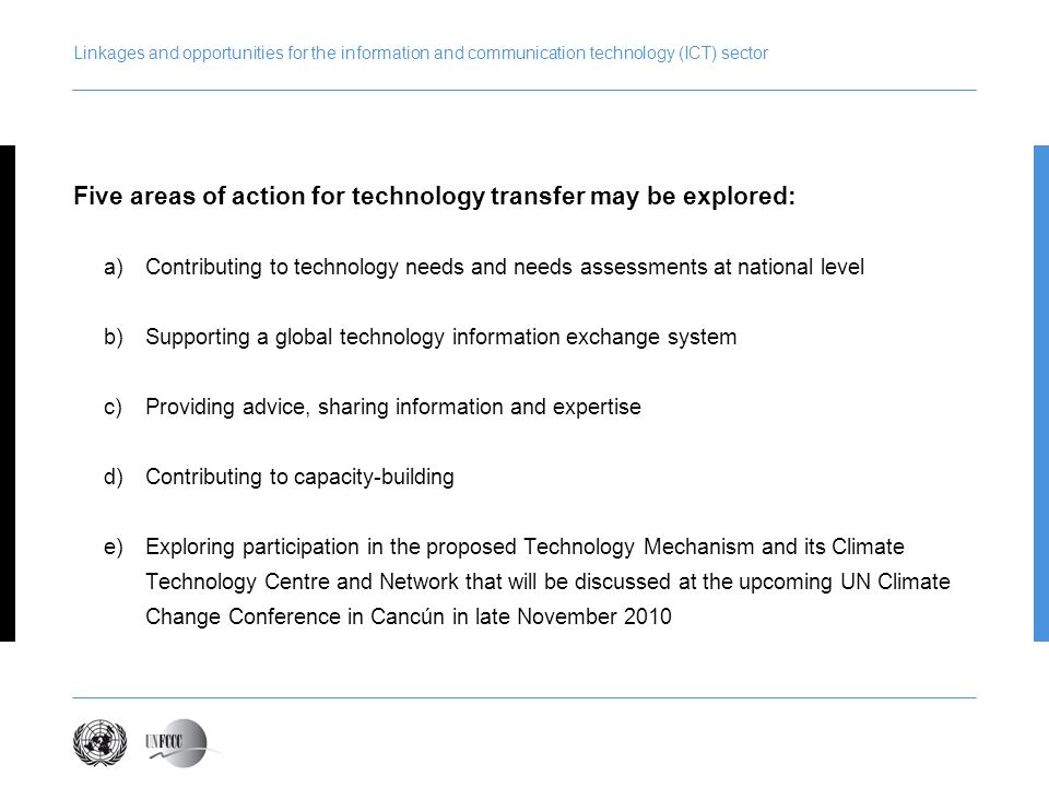 Five areas of action for technology transfer may be explored:
