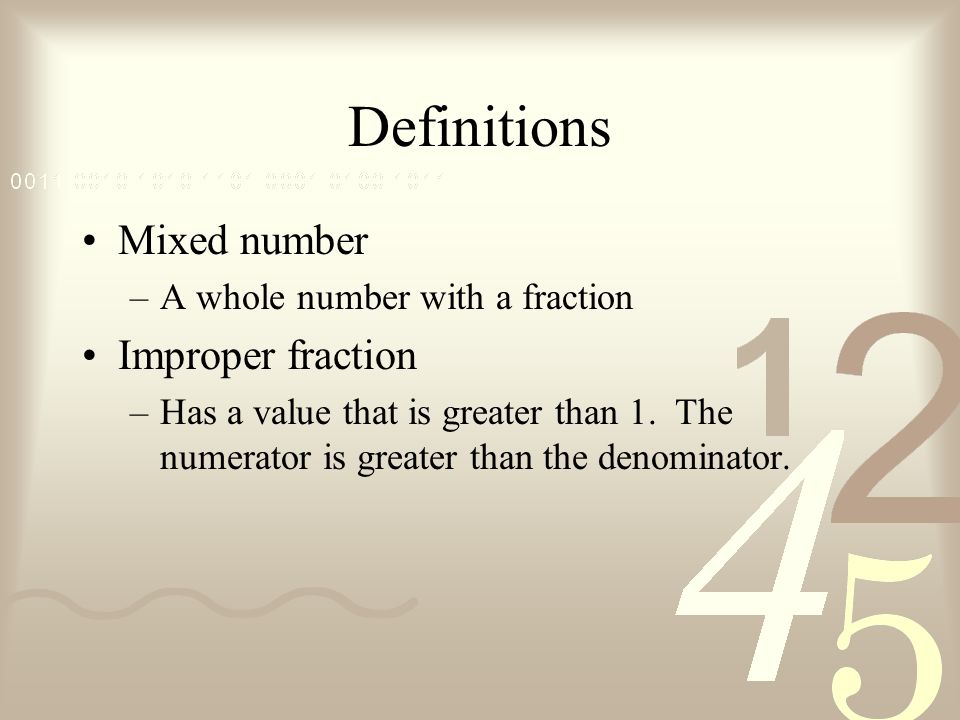 Definitions Mixed number Improper fraction