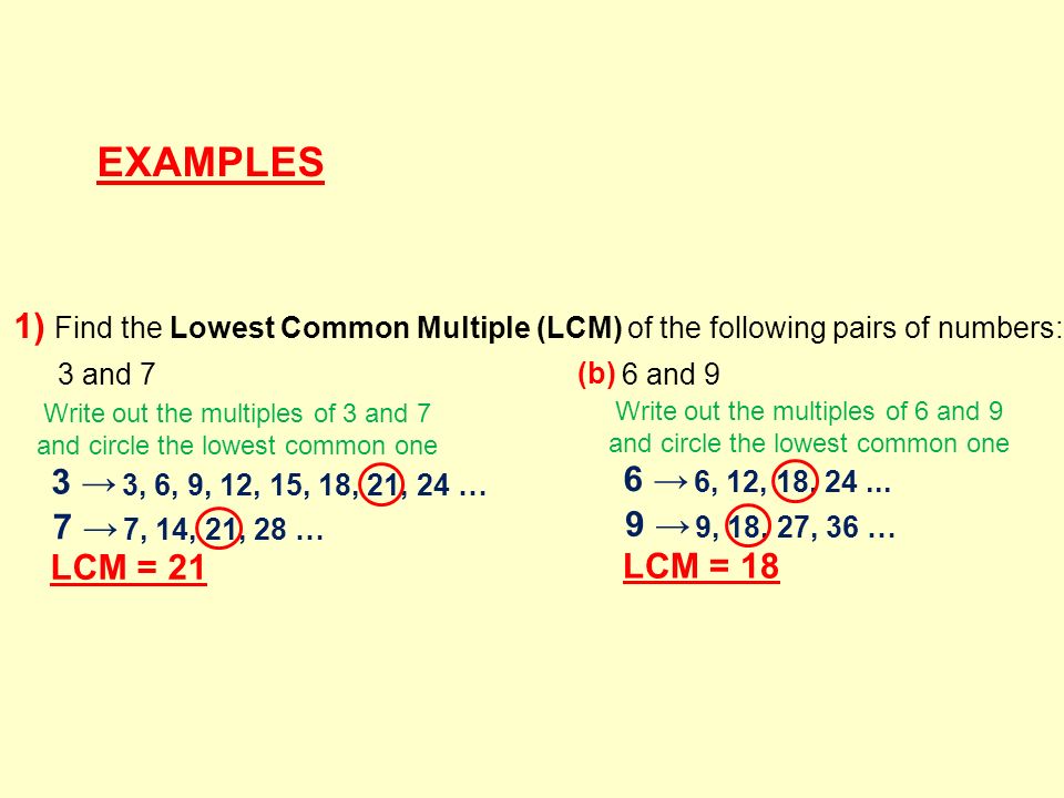 EXAMPLES 1) Find the Lowest Common Multiple (LCM) of the following pairs of numbers: 3 and 7. (b)
