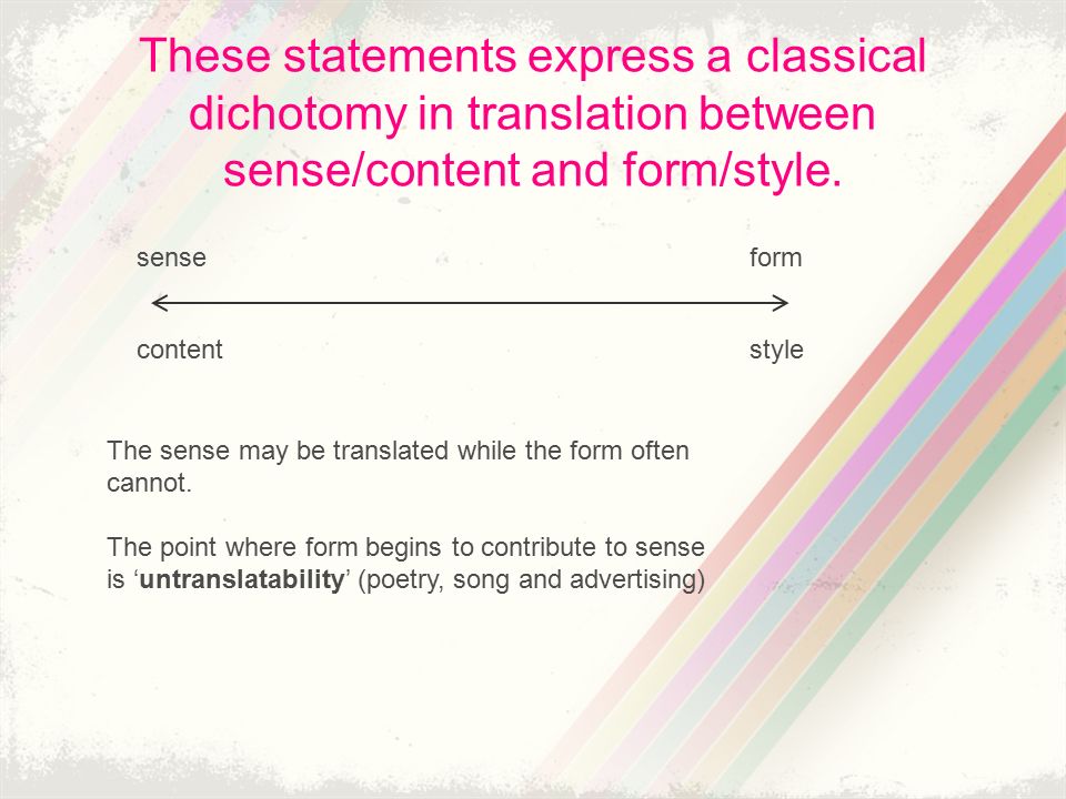 These statements express a classical dichotomy in translation between sense/content and form/style.