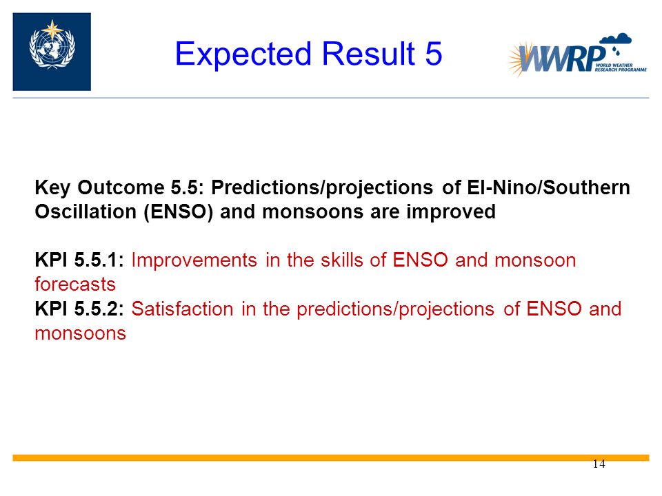 Expected Result 5 Key Outcome 5.5: Predictions/projections of El-Nino/Southern Oscillation (ENSO) and monsoons are improved.