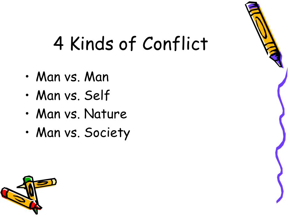 4 Kinds of Conflict Man vs. Man Man vs. Self Man vs. Nature