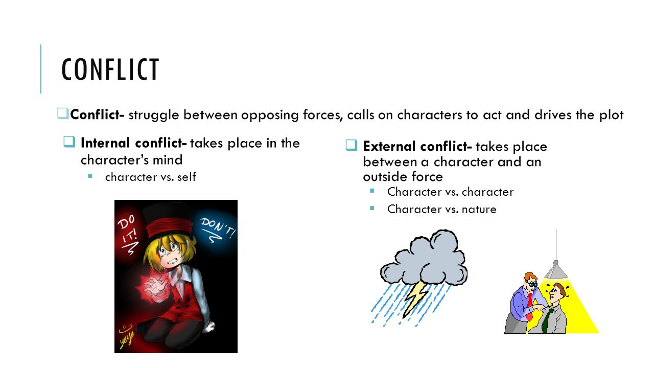 Conflict Conflict- struggle between opposing forces, calls on characters to act and drives the plot.