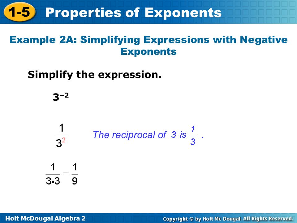 Example 2A: Simplifying Expressions with Negative Exponents