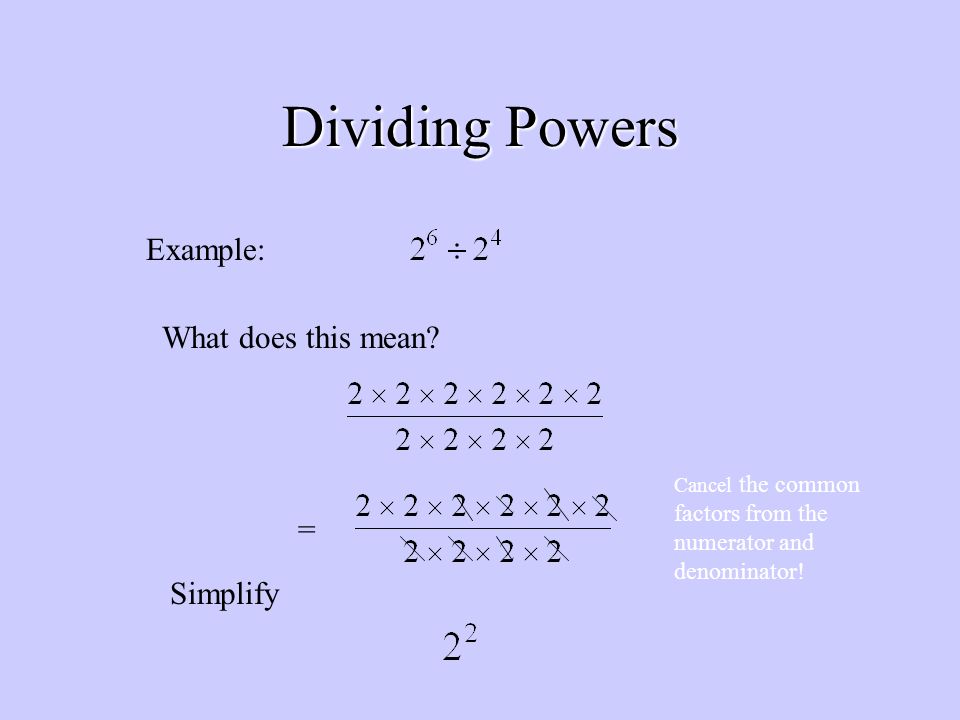 Dividing Powers Example: What does this mean = Simplify