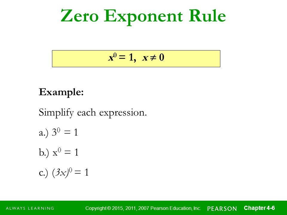 Zero Exponent Rule x0 = 1, x  0 Example: Simplify each expression.