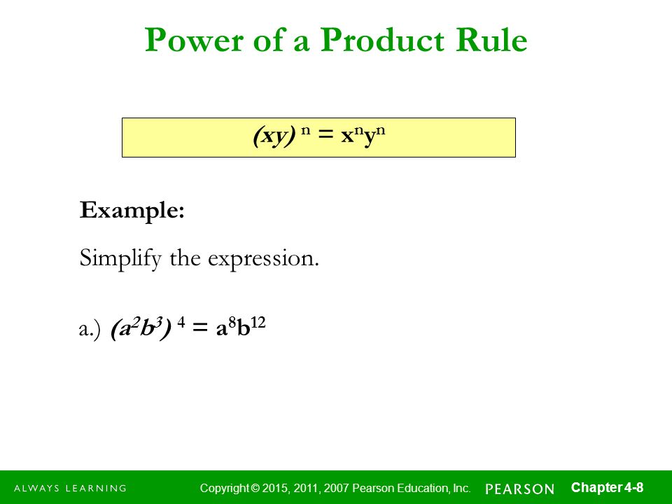Power of a Product Rule (xy) n = xnyn Example:
