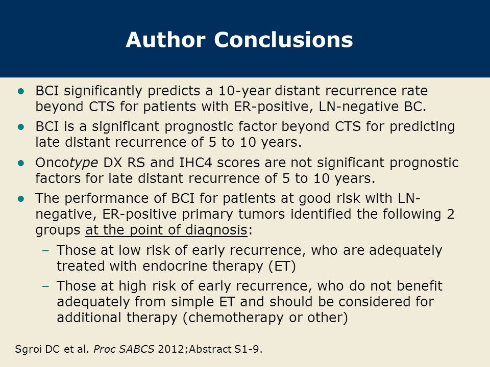 Author Conclusions BCI significantly predicts a 10-year distant recurrence rate beyond CTS for patients with ER-positive, LN-negative BC.
