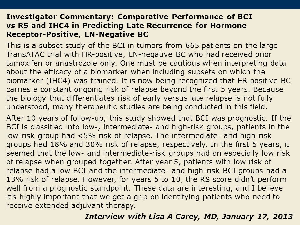 Investigator Commentary: Comparative Performance of BCI vs RS and IHC4 in Predicting Late Recurrence for Hormone Receptor-Positive, LN-Negative BC