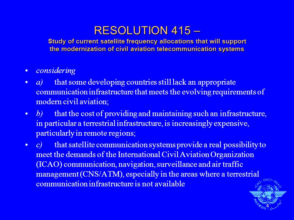 RESOLUTION 415 – Study of current satellite frequency allocations that will support the modernization of civil aviation telecommunication systems