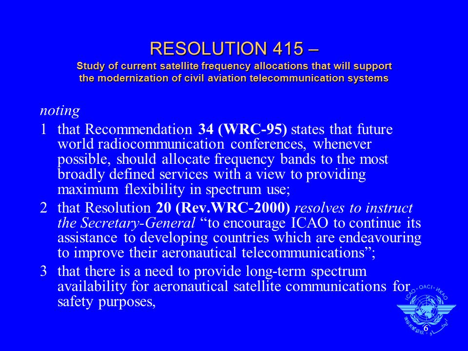 RESOLUTION 415 – Study of current satellite frequency allocations that will support the modernization of civil aviation telecommunication systems