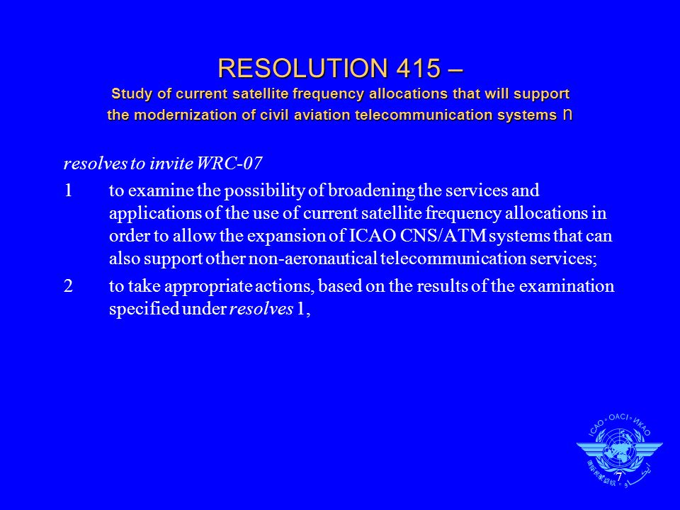RESOLUTION 415 – Study of current satellite frequency allocations that will support the modernization of civil aviation telecommunication systems n
