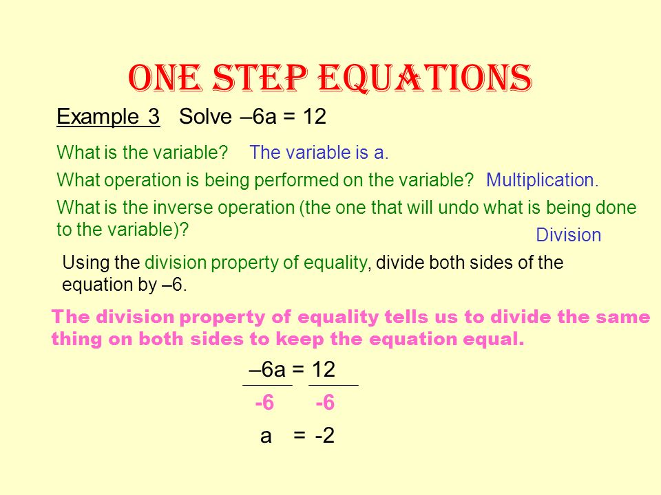 ONE STEP EQUATIONS Example 3 Solve –6a = 12 –6a = a = -2