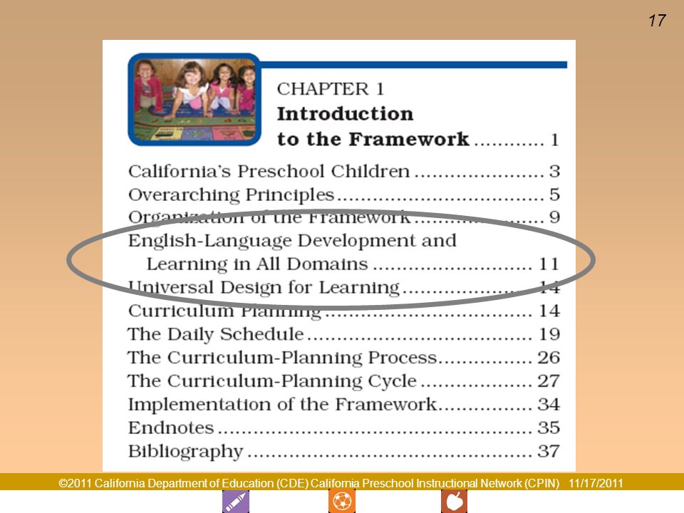 Chapter 1 Next, we’ll take a quick look at how the framework responds to the needs of dual language learners and children with disabilities.