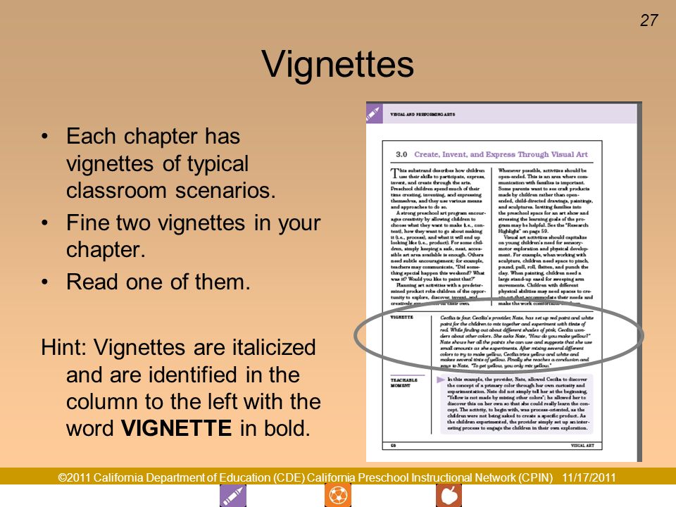Vignettes Each chapter has vignettes of typical classroom scenarios.