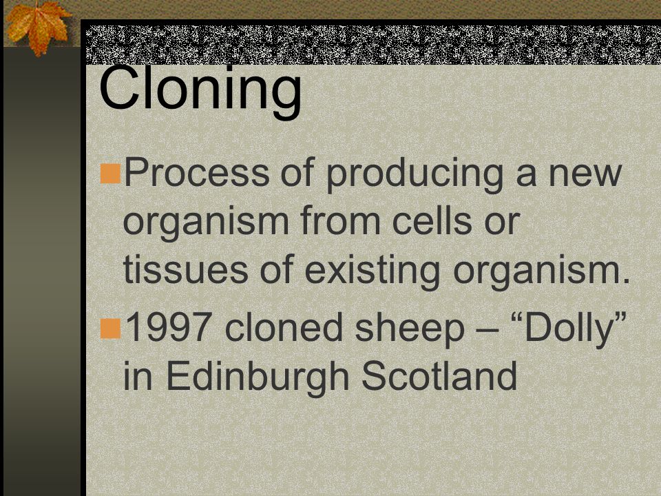 Cloning Process of producing a new organism from cells or tissues of existing organism.