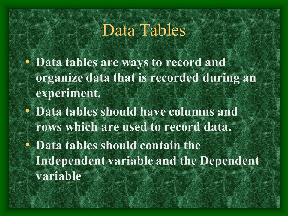 Data Tables Data tables are ways to record and organize data that is recorded during an experiment.