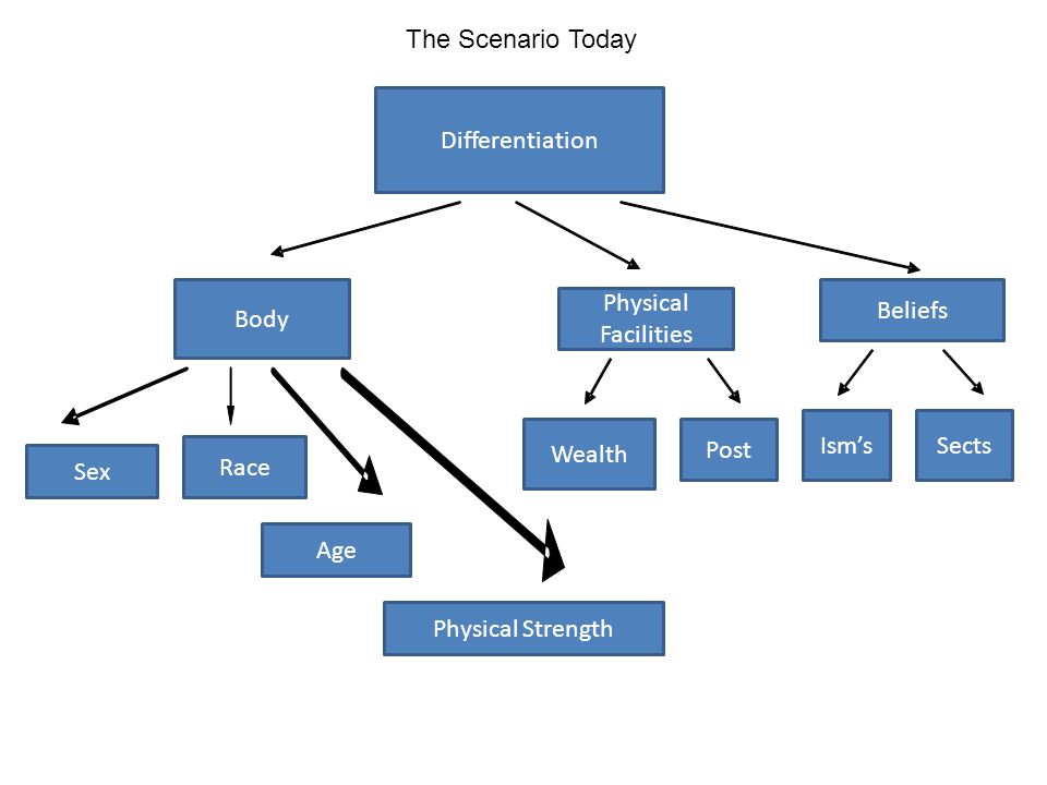The Scenario Today Differentiation. Body. Beliefs. Physical Facilities. Ism’s. Sects. Wealth.
