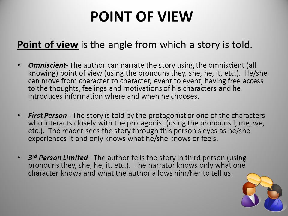 POINT OF VIEW Point of view is the angle from which a story is told.