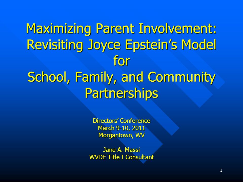 Maximizing Parent Involvement: Revisiting Joyce Epstein’s Model for School, Family, and Community Partnerships Directors’ Conference March 9-10, 2011 Morgantown, WV Jane A.