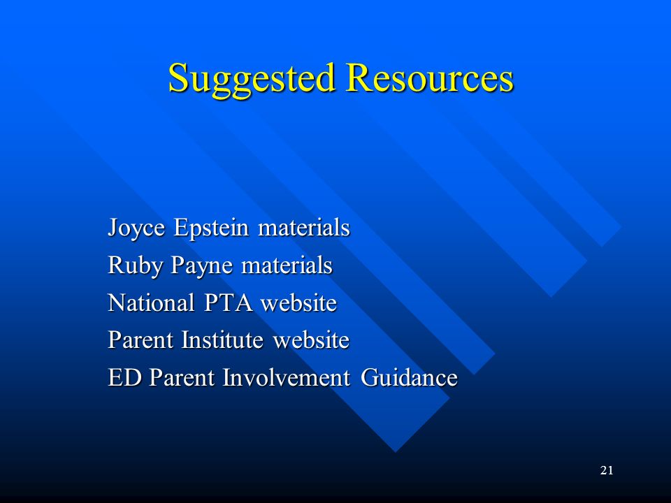 Suggested Resources Joyce Epstein materials Ruby Payne materials