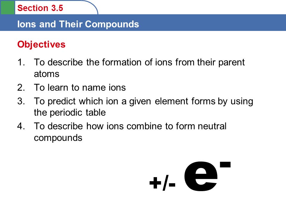 Objectives To describe the formation of ions from their parent atoms. To learn to name ions.