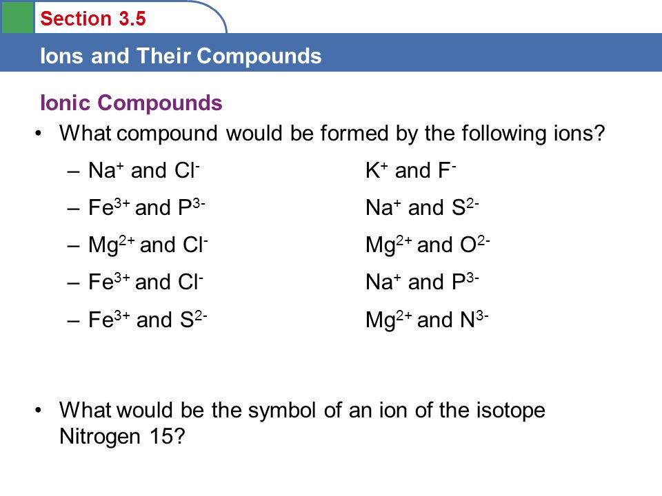 Ionic Compounds What compound would be formed by the following ions Na+ and Cl- K+ and F- Fe3+ and P3- Na+ and S2-