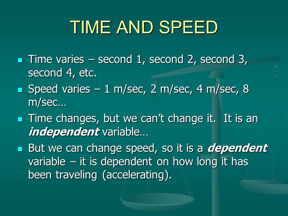 TIME AND SPEED Time varies – second 1, second 2, second 3, second 4, etc. Speed varies – 1 m/sec, 2 m/sec, 4 m/sec, 8 m/sec…
