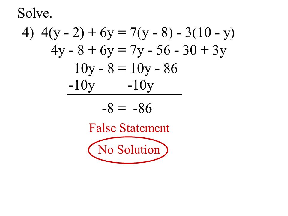 Solve. 4) 4(y - 2) + 6y = 7(y - 8) - 3(10 - y)