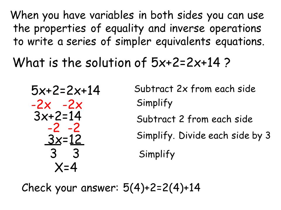 What is the solution of 5x+2=2x+14