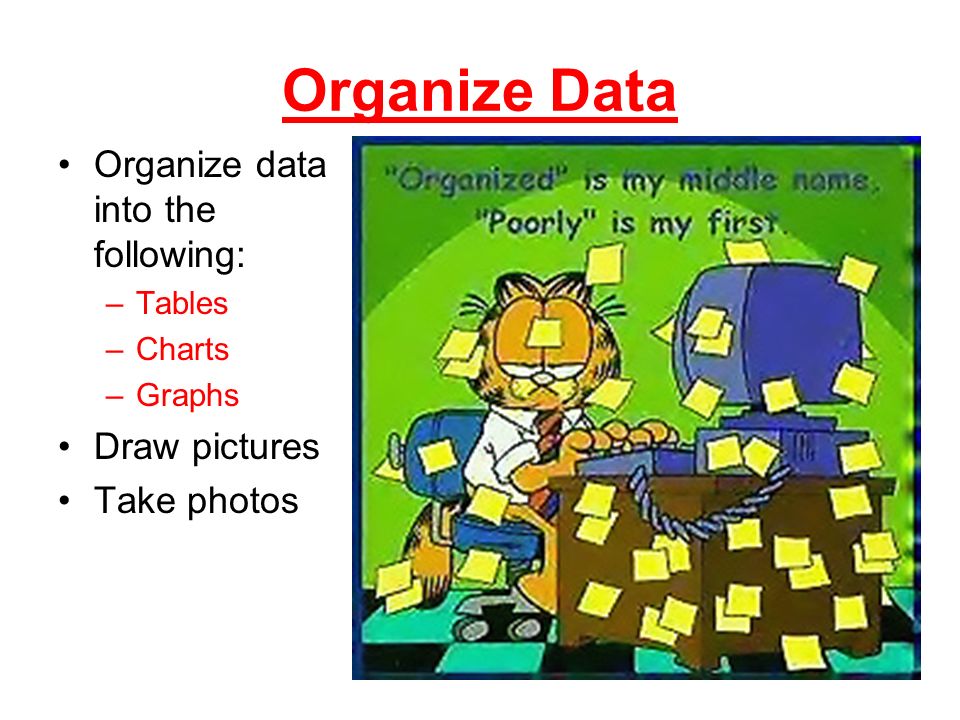 Organize Data Organize data into the following: Draw pictures
