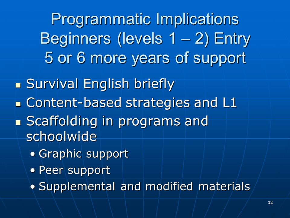 Programmatic Implications Beginners (levels 1 – 2) Entry 5 or 6 more years of support