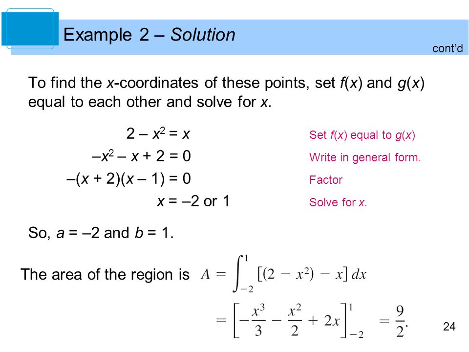 Example 2 – Solution cont’d. To find the x-coordinates of these points, set f(x) and g(x) equal to each other and solve for x.