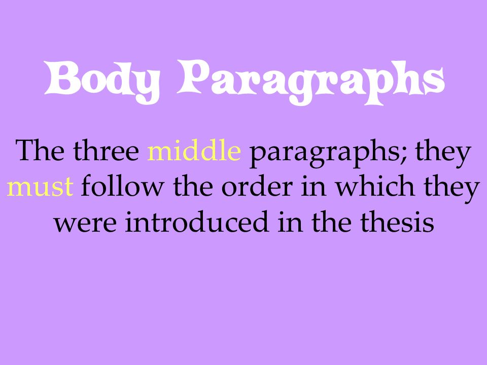 Body Paragraphs The three middle paragraphs; they must follow the order in which they were introduced in the thesis.