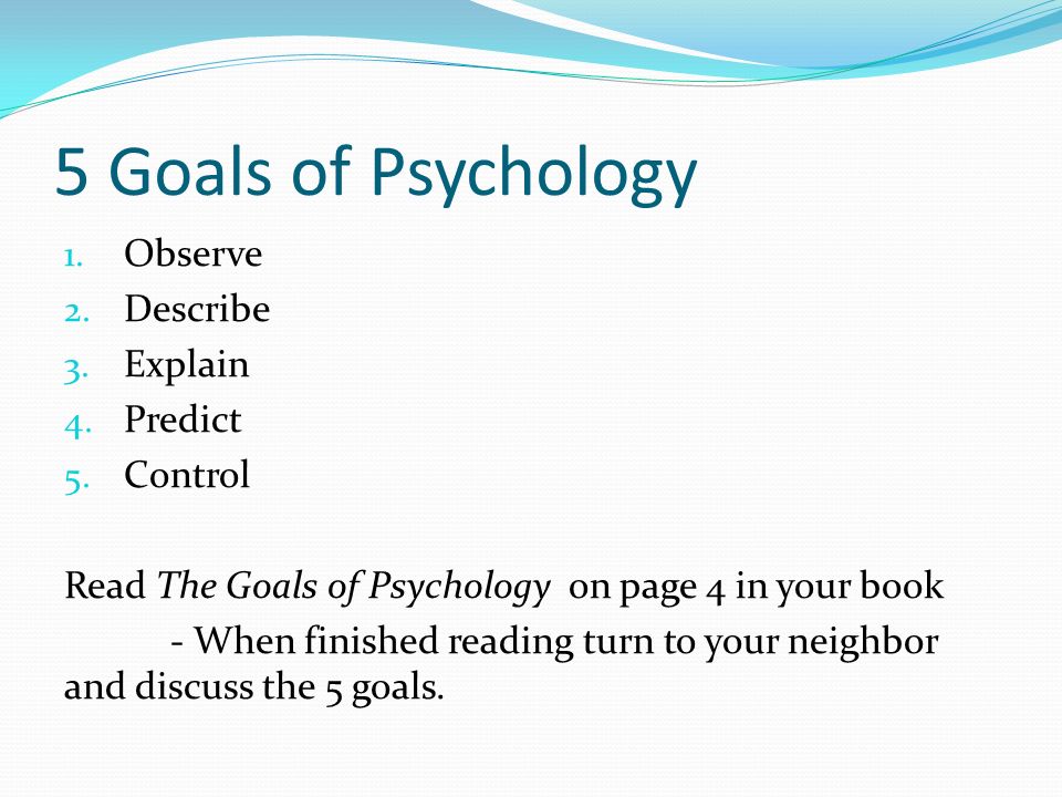 5 Goals of Psychology Observe Describe Explain Predict Control