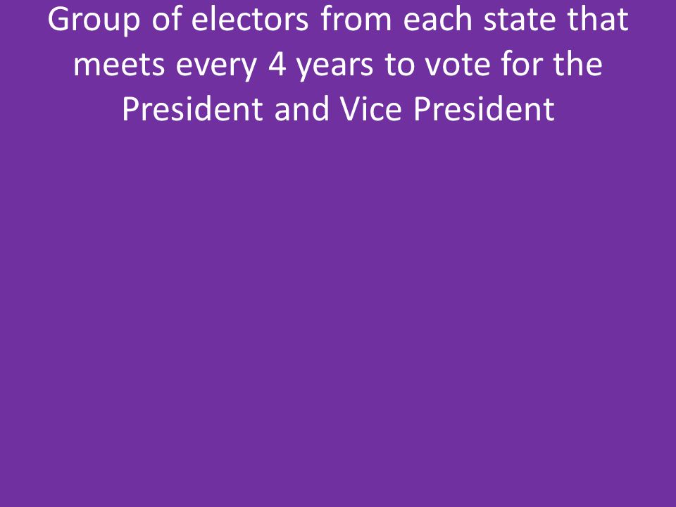 Group of electors from each state that meets every 4 years to vote for the President and Vice President