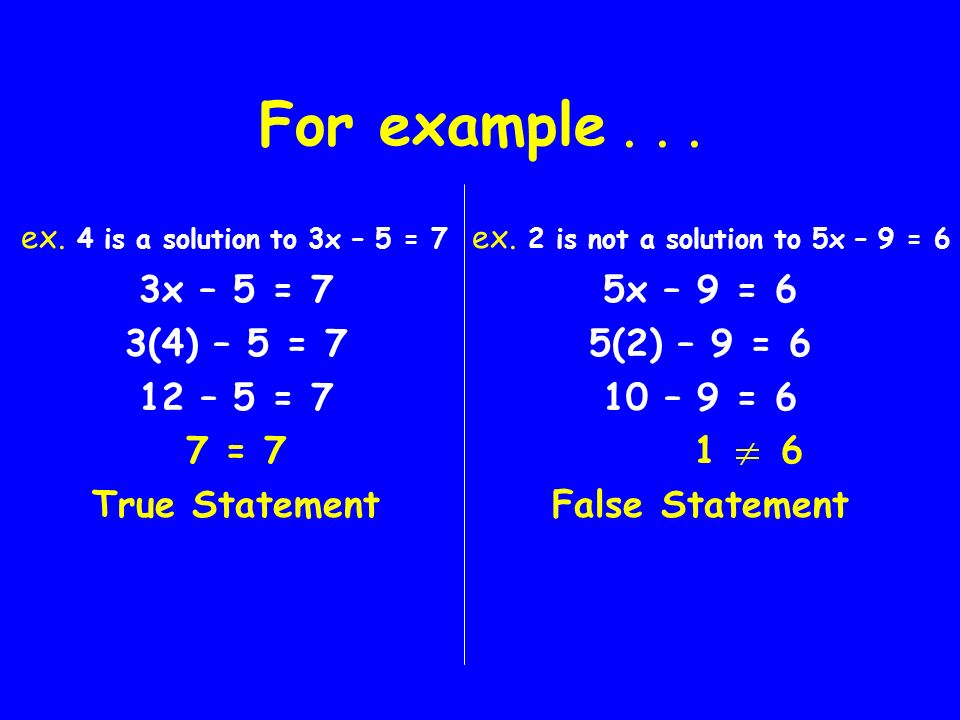 For example ex. 4 is a solution to 3x – 5 = 7 3x – 5 = 7