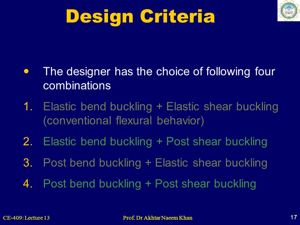 Design Criteria The designer has the choice of following four combinations.